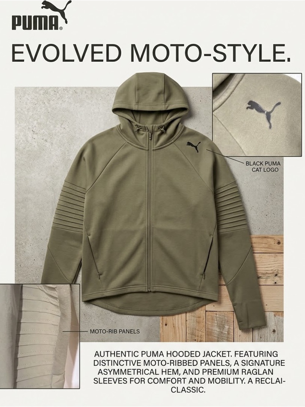 Puma Olive Moto-Rib Hooded Jacket